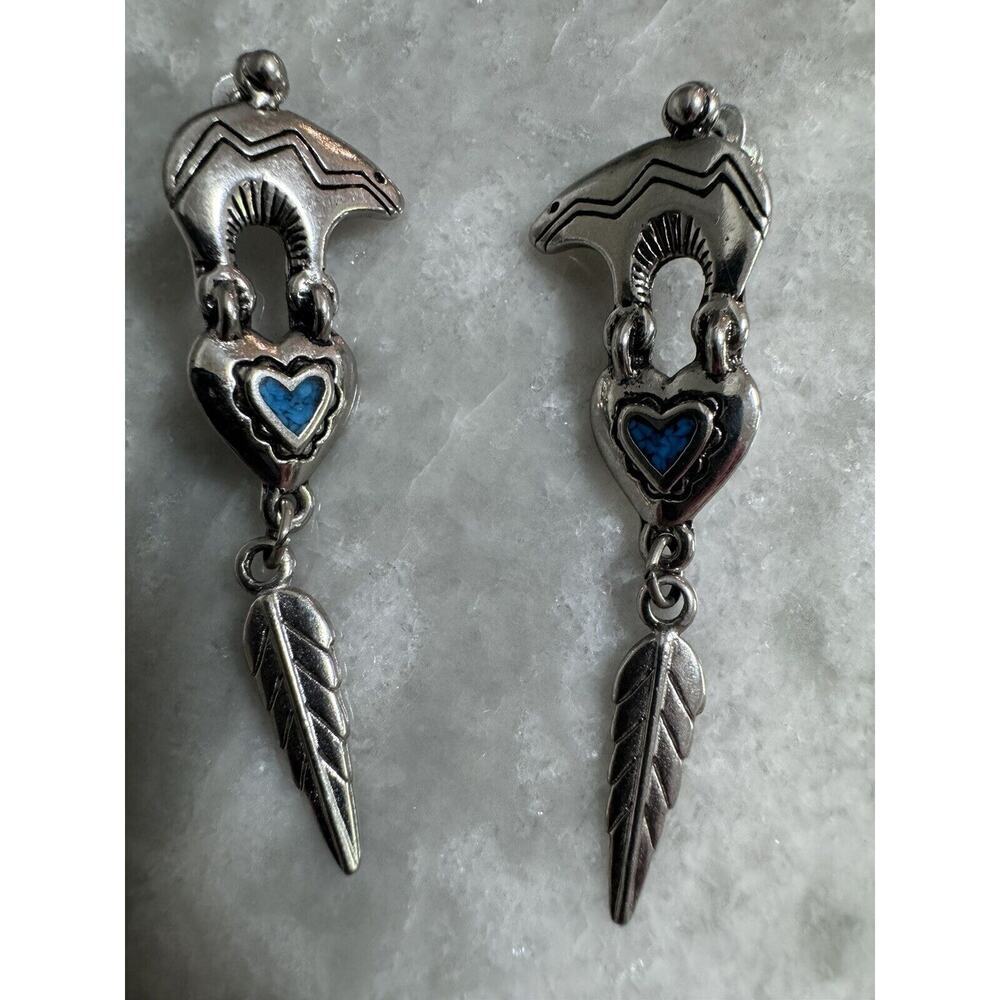 Vintage Native American Sterling Silver Bear Turquoise Heart Dangle Earrings - Picture 5 of 7